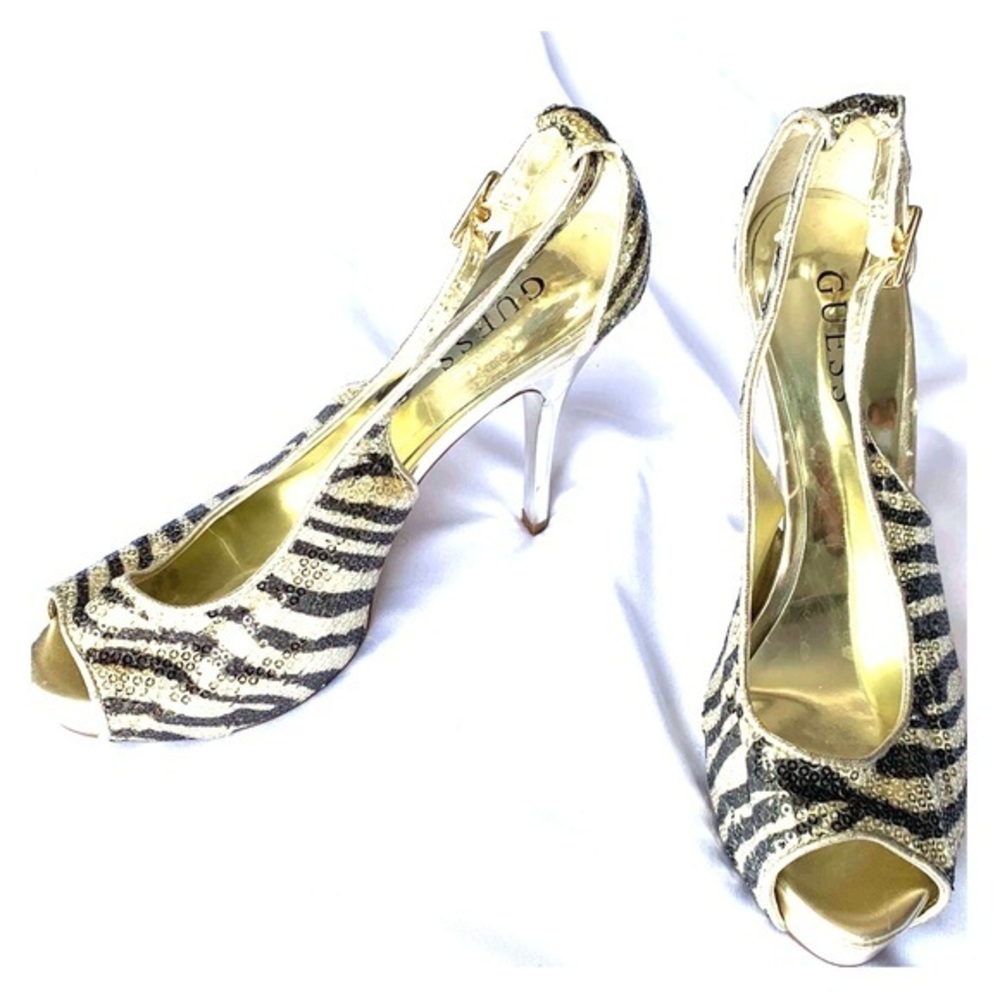 Guess Gold And Black Zebra Print Peek Toe Heels